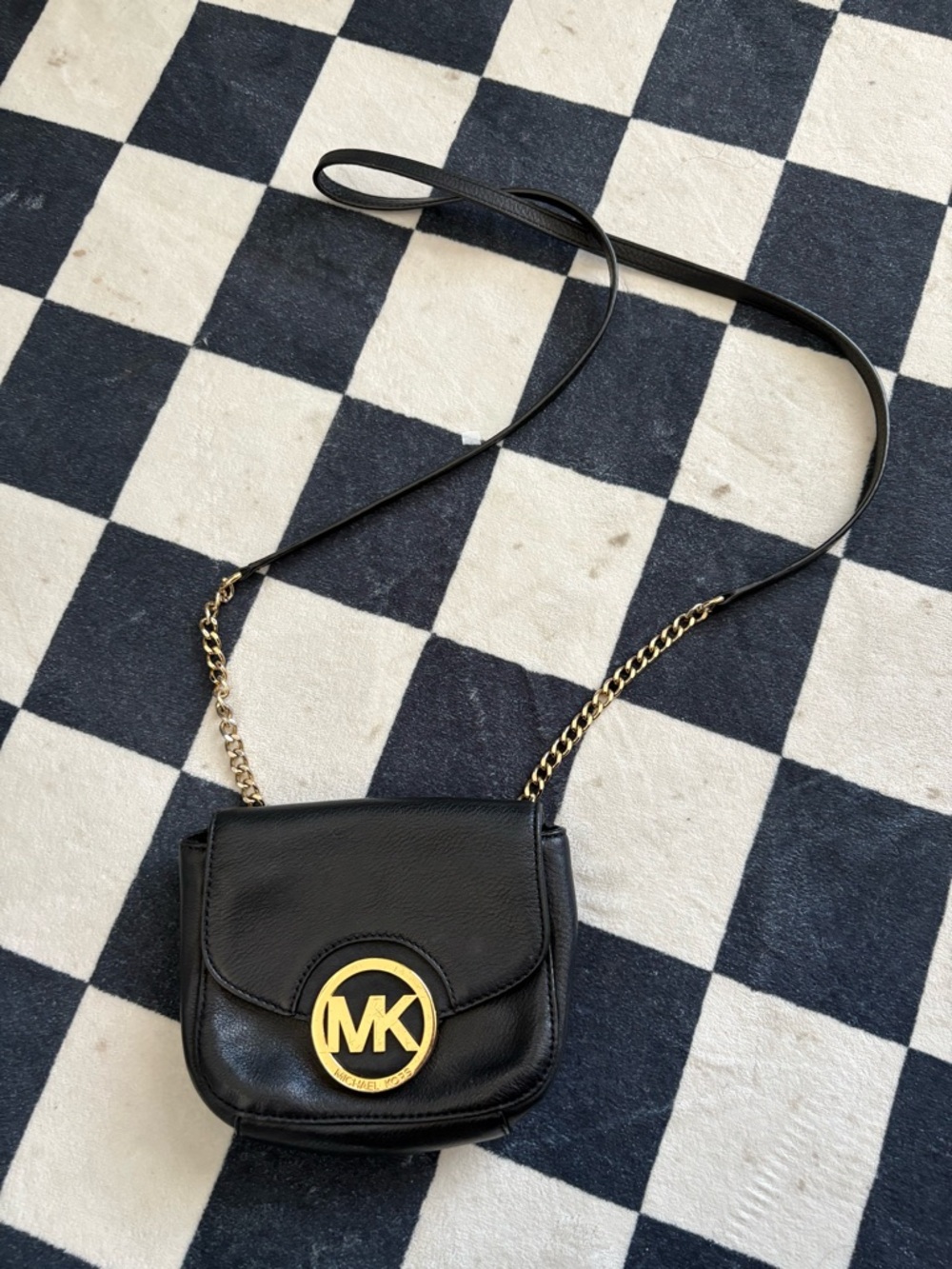 Michael Kors Black Leather Crossbody with Gold MK Emblem